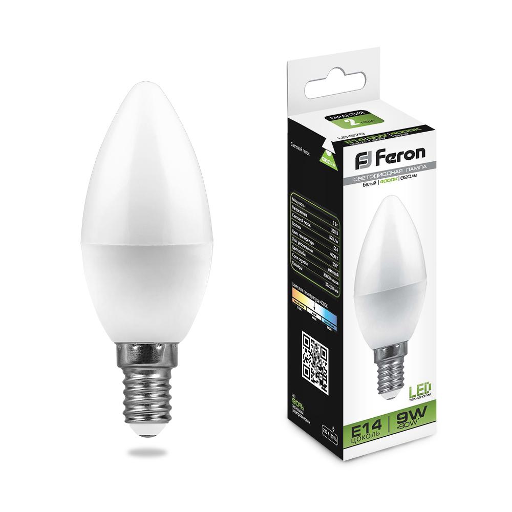 Лампа светодиодная 9w e14 4k свеча Feron