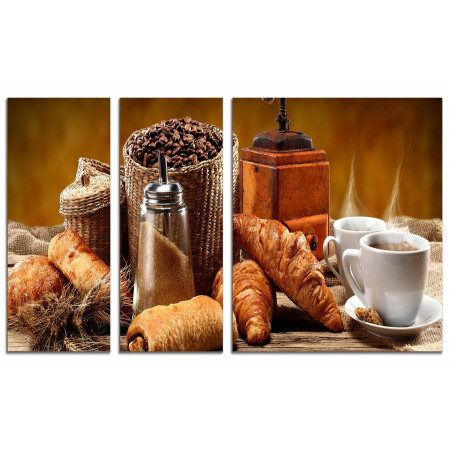 Модульная картина "Ароматный кофе и круассаны" из 3х частей 100х60 VS272