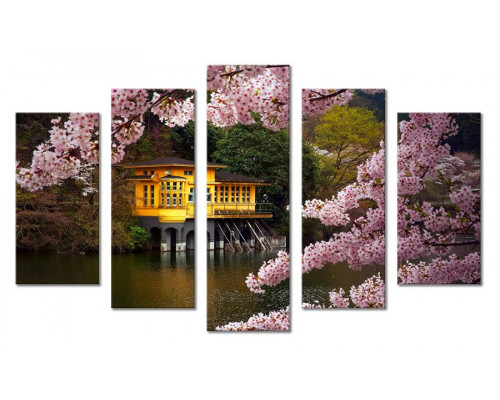 Модульная картина "Дерево сакуры на фоне дома у берега реки" 80х140 М2180