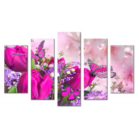 Модульная картина "Бабочки на розовых тюльпанах" 80х140 М2102