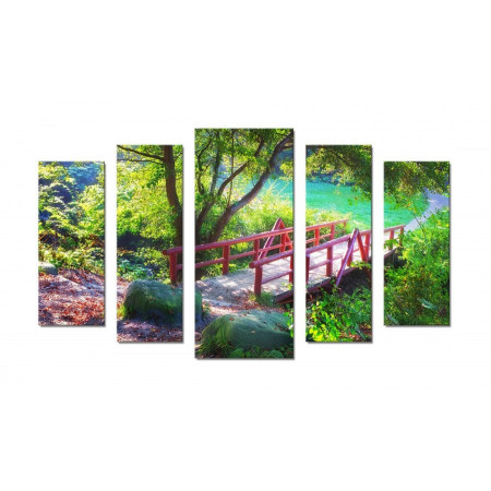 Модульная картина "Деревянный мост с красными перилами" 70х120 Ш5